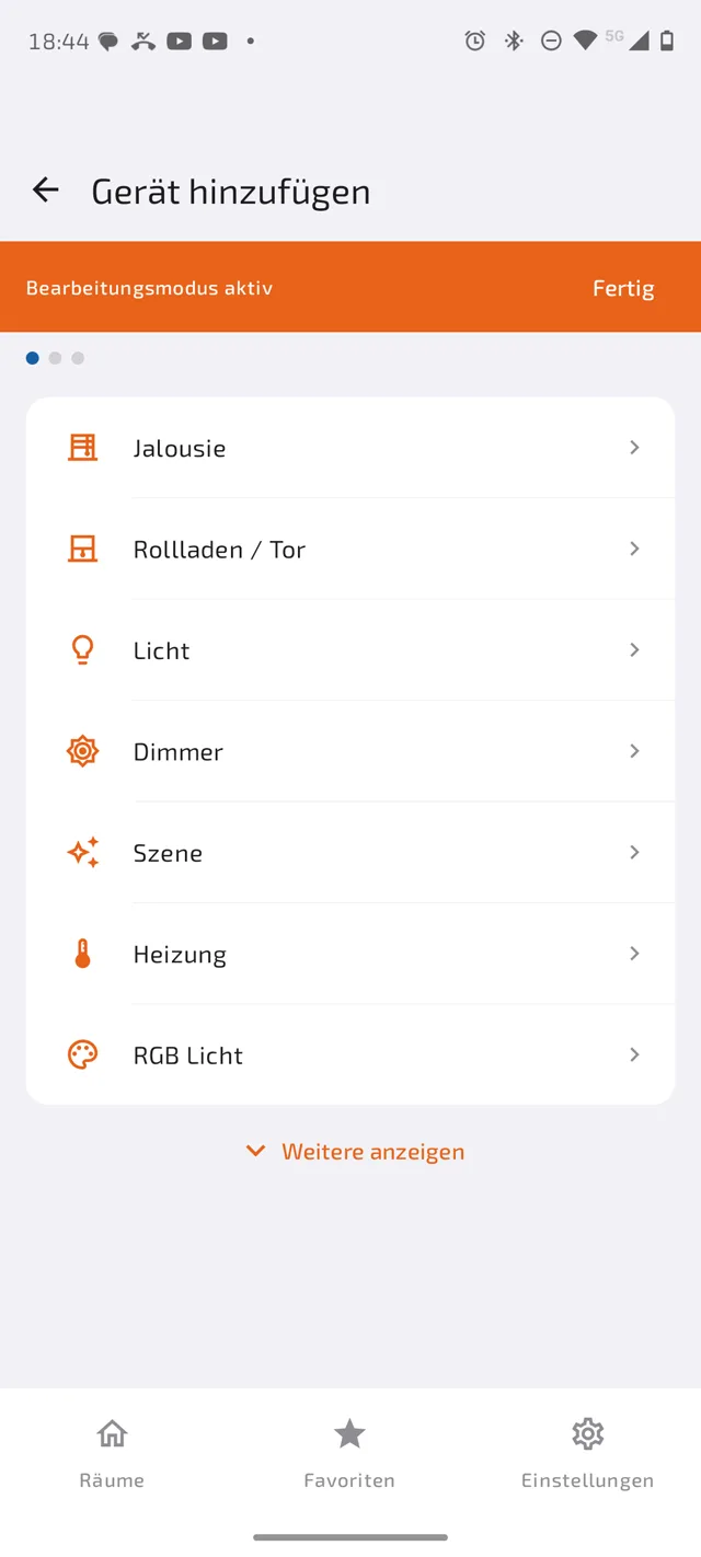Auswahl des Gerätetyps beim Einrichten: Jalousie, Rollladen/Tor, Licht, Dimmer, Szene, Heizung, RGB Licht