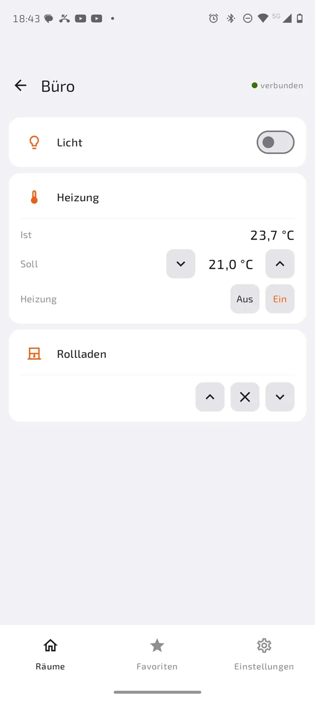 Geräteansicht eines Raums mit Licht-Schalter, Heizungssteuerung mit Soll-/Ist-Temperatur und Rollladen-Steuerung